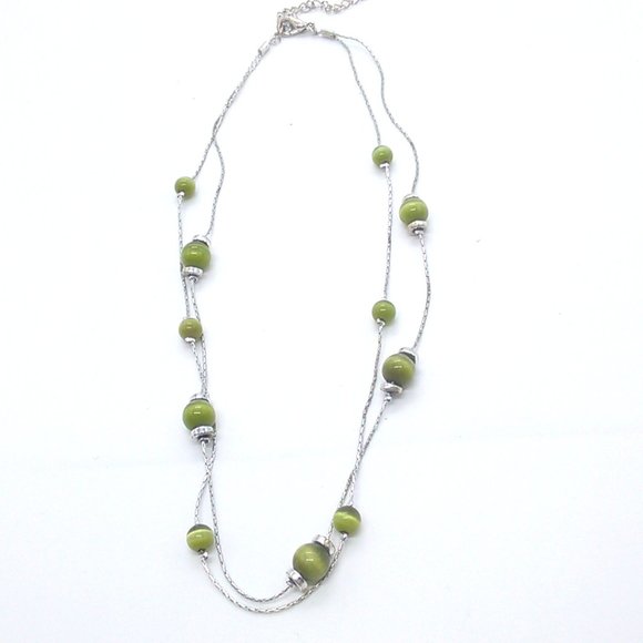 Kim Rogers Necklace Double Strand Green Station Beaded Silver-tone Chains - Picture 4 of 6